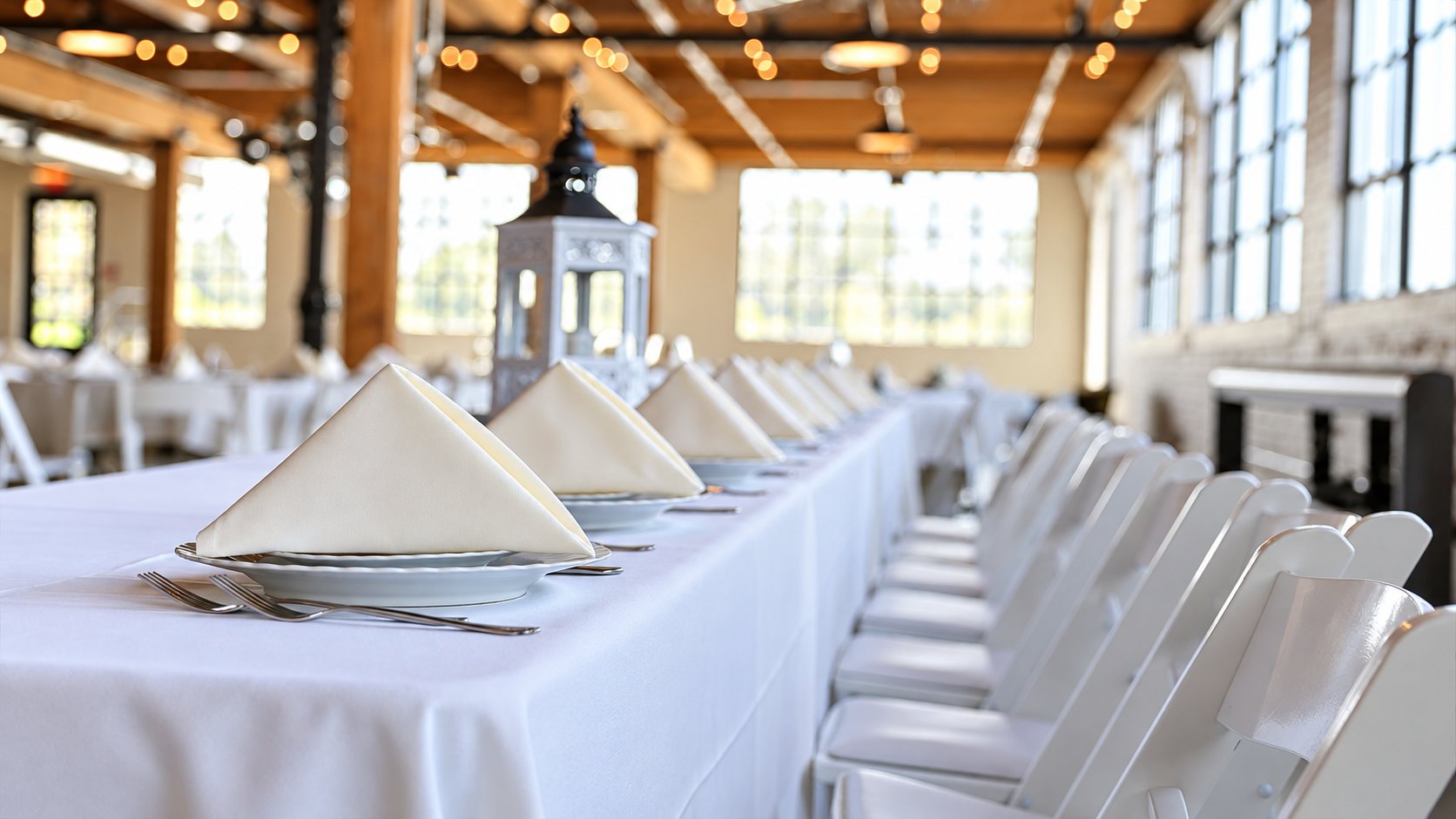 Une longue table recouverte d'une nappe blanche, dressée avec assiettes, couverts et serviettes pliées, bordée de chaises blanches dans une salle lumineuse aux guirlandes lumineuses.