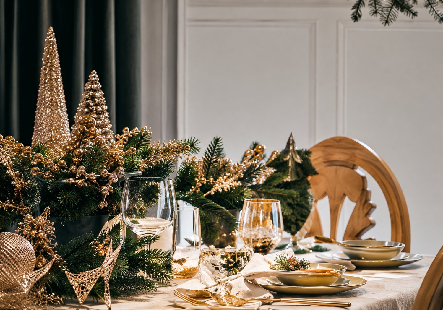 Une table dressée avec des assiettes, des verres et des décorations vertes et dorées en forme de sapin, dans une salle à manger.